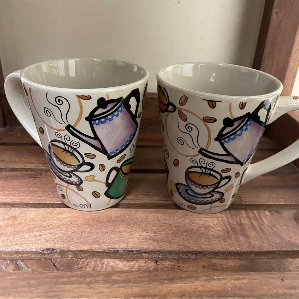 VTG 1999 Global Village Coffee House California Pantry Coffee 12oz Cup Mug Set/2